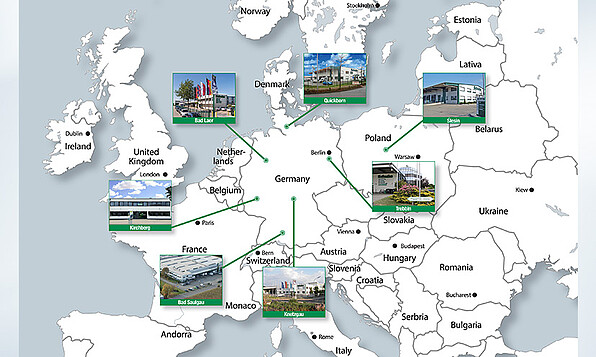 Europakarte mit Schuko Standorten in Deutschland und Polen